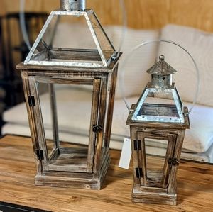 Rustic wood and glass lanterns with metal top